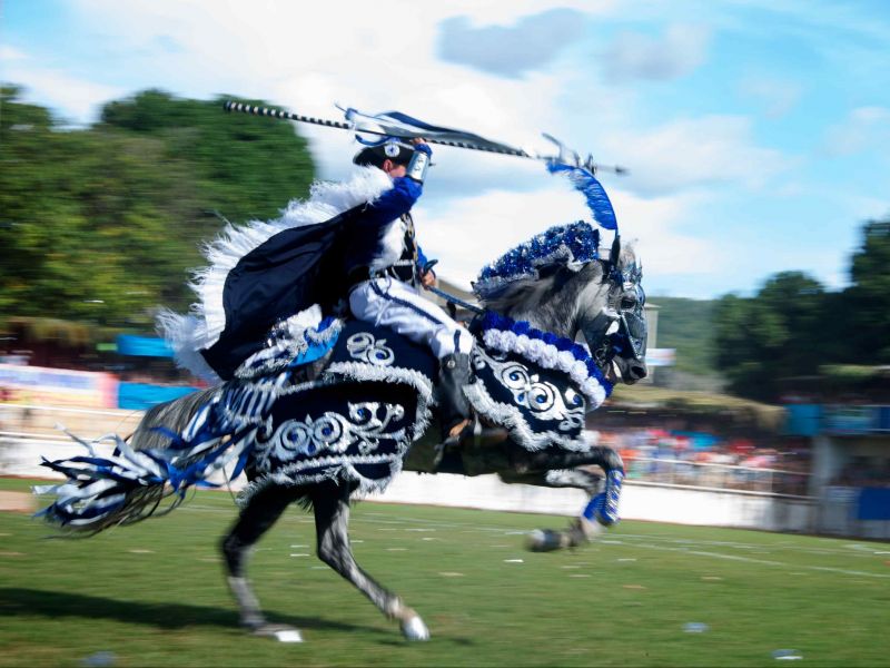 Cavaleiro montado em um cavalo, ambos trajados com as roupas típicas da Cavalhada. O home veste capa e segura uma lança.